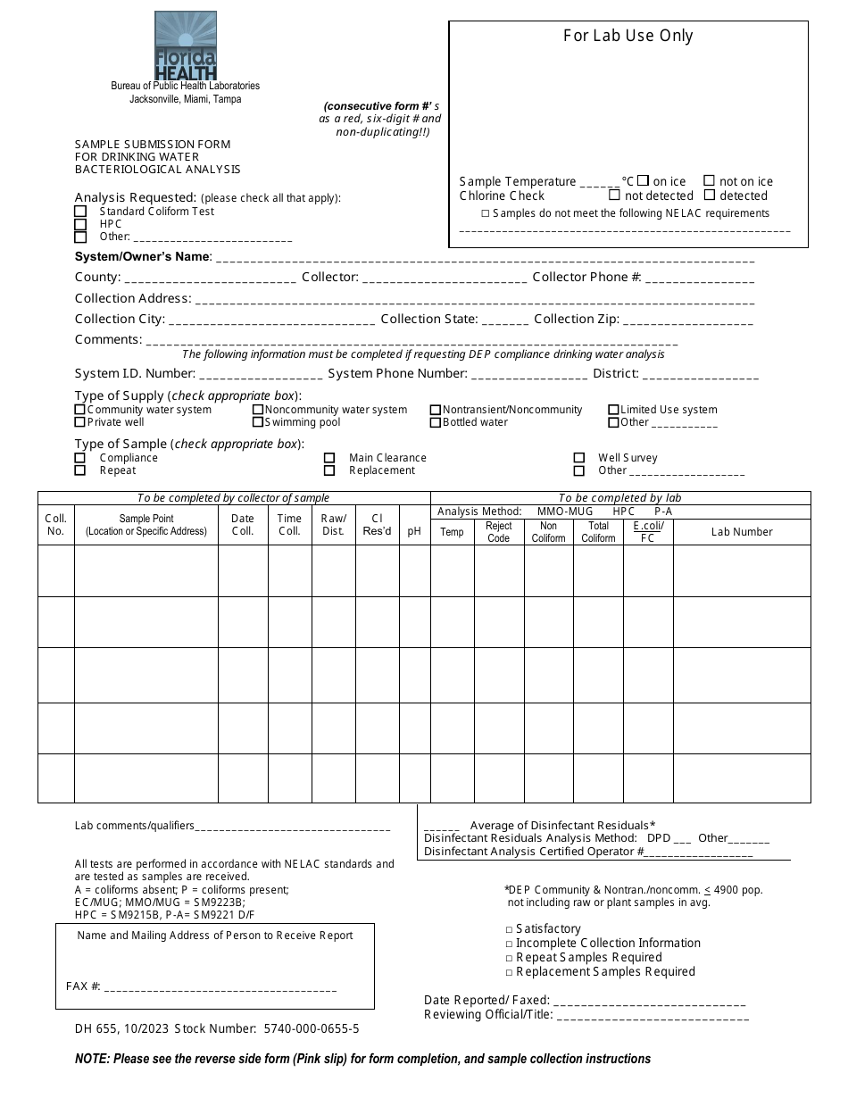 Form DH655 Sample Submission Form for Drinking Water Bacteriological Analysis - Florida, Page 1