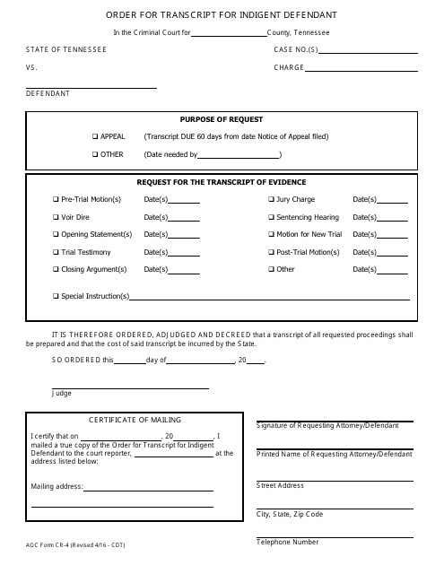 AOC Form CR-4 Order for Transcript for Indigent Defendant - Tennessee