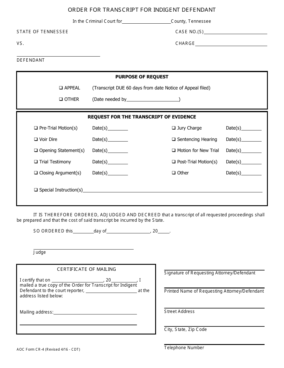 AOC Form CR-4 Order for Transcript for Indigent Defendant - Tennessee, Page 1