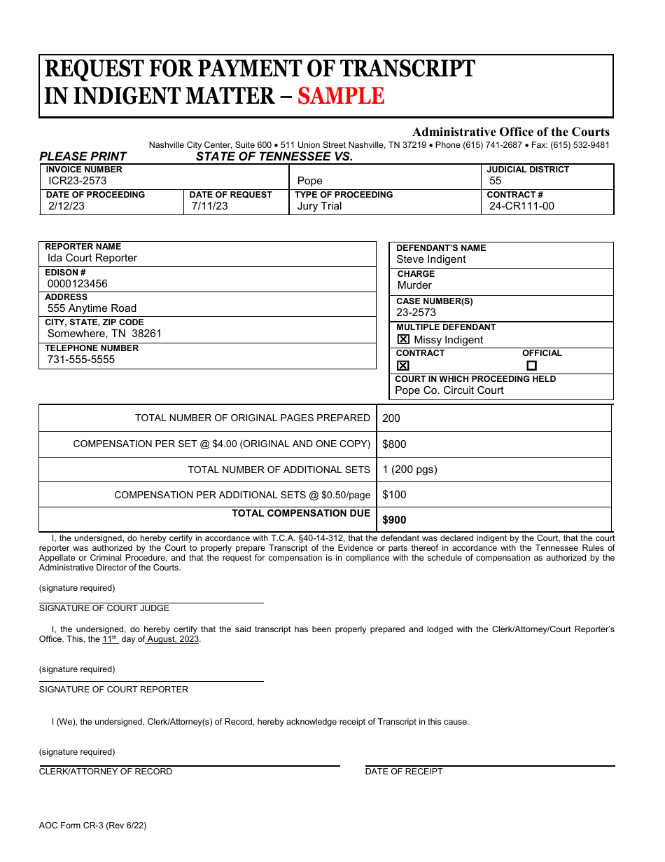 Instructions for AOC Form CR-6 Request for Payment of Transcript in Indigent Matter - Contract Reporters - Tennessee, Page 2