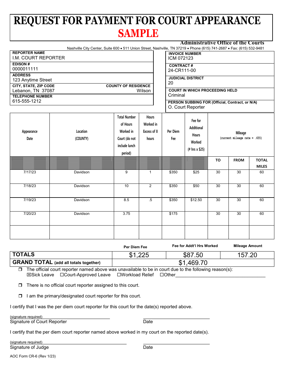 Instructions for AOC Form CR-6 Request for Payment of Transcript in Indigent Matter - Contract Reporters - Tennessee, Page 5
