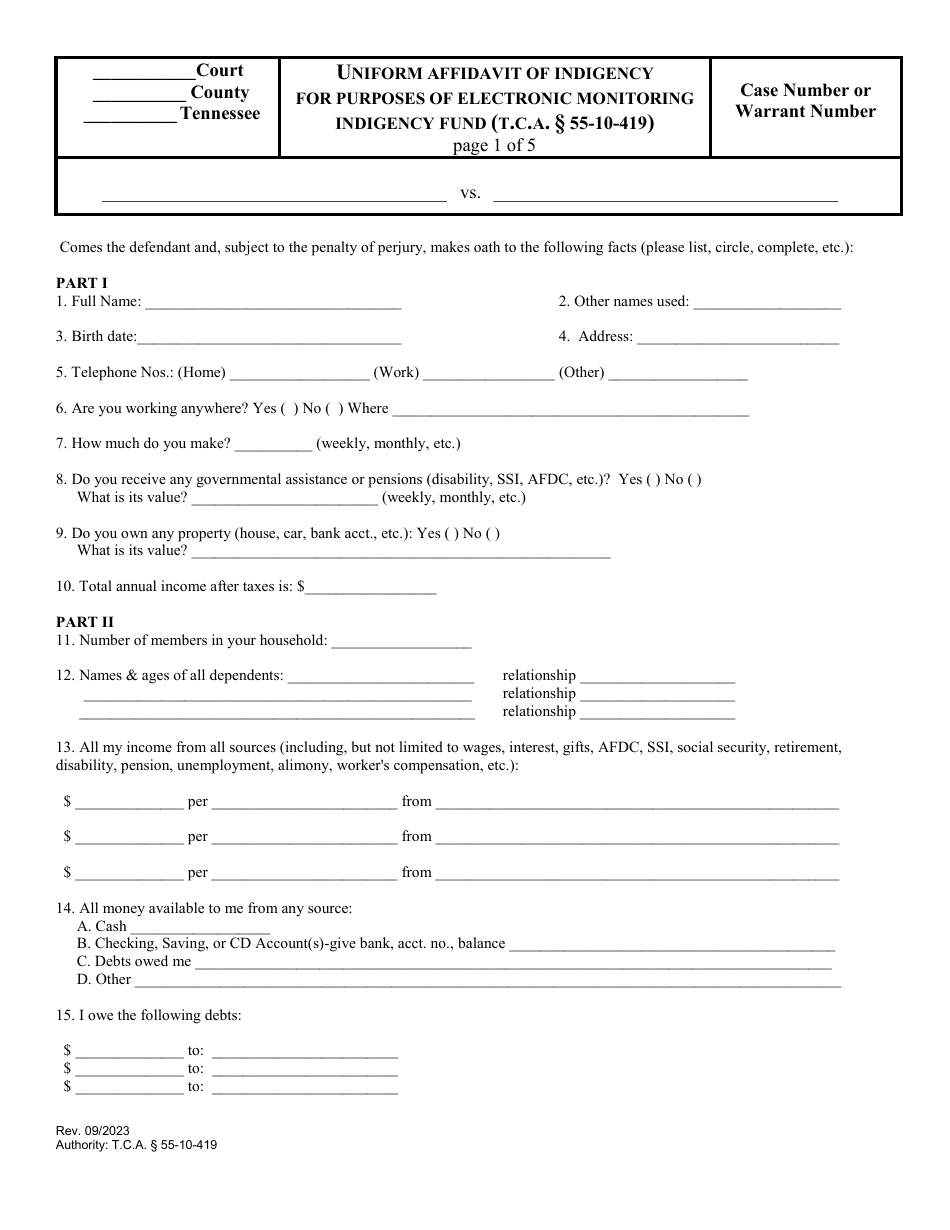 Uniform Affidavit of Indigency for Purposes of Electronic Monitoring Indigency Fund (T.c.a. 55-10-419) - Tennessee, Page 1