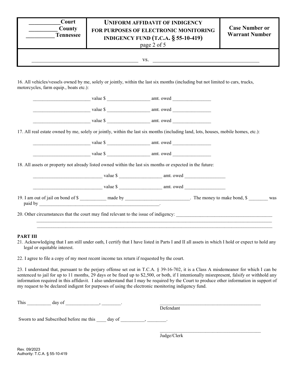Uniform Affidavit of Indigency for Purposes of Electronic Monitoring Indigency Fund (T.c.a. 55-10-419) - Tennessee, Page 2