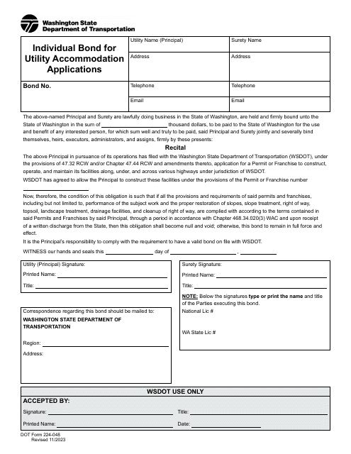 DOT Form 224-048 Individual Bond for Utility Accommodation Applications - Washington