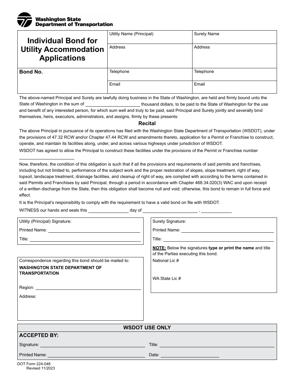 DOT Form 224-048 Individual Bond for Utility Accommodation Applications - Washington, Page 1