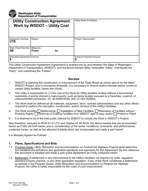 DOT Form 224-062 Utility Construction Agreement Work by Wsdot - Utility Cost - Washington