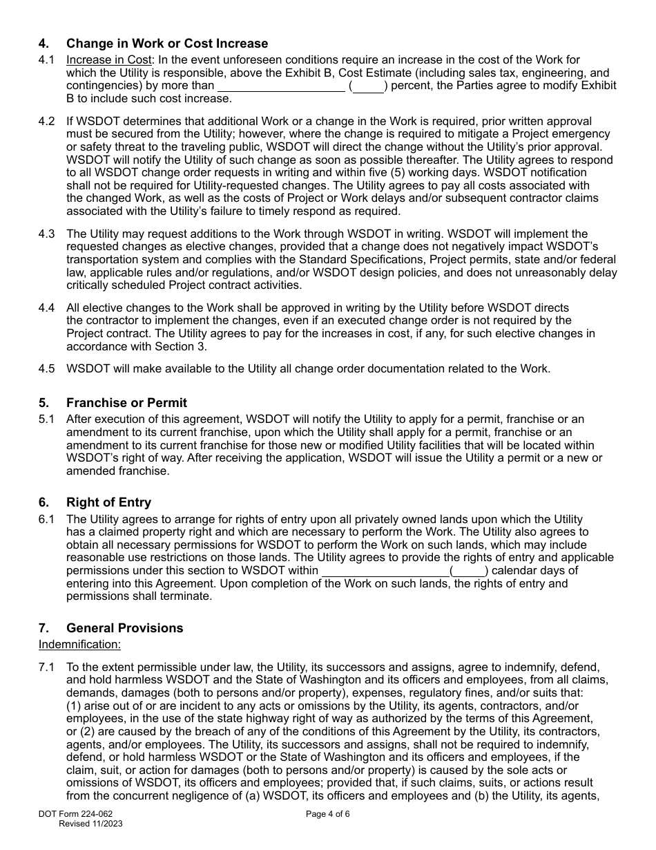 DOT Form 224-062 Utility Construction Agreement Work by Wsdot - Utility Cost - Washington, Page 4