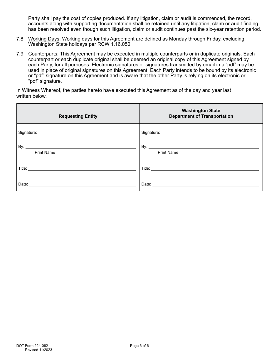 DOT Form 224-062 Utility Construction Agreement Work by Wsdot - Utility Cost - Washington, Page 6