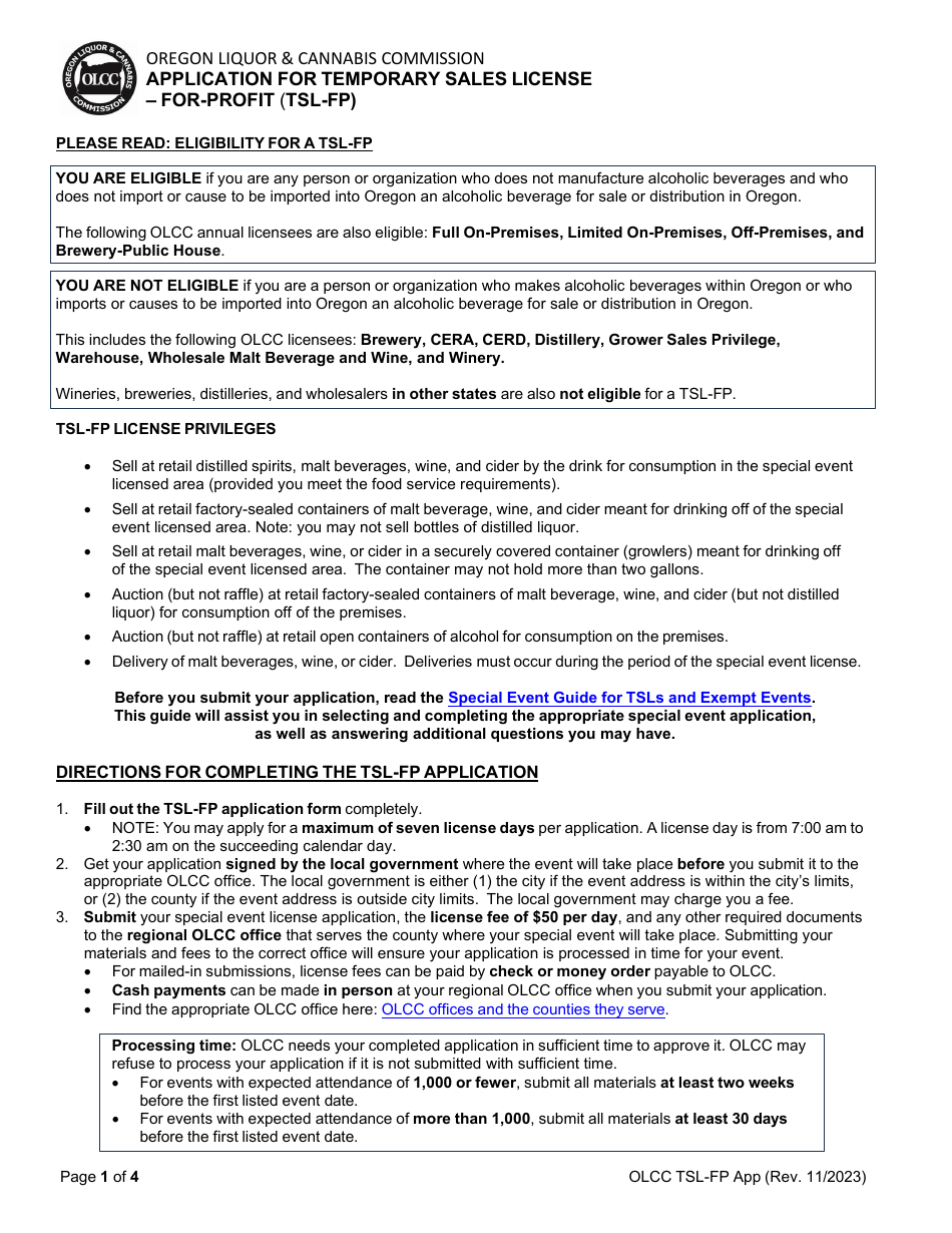 Application for Temporary Sales License - for-Profit (Tsl-Fp) - Oregon, Page 1