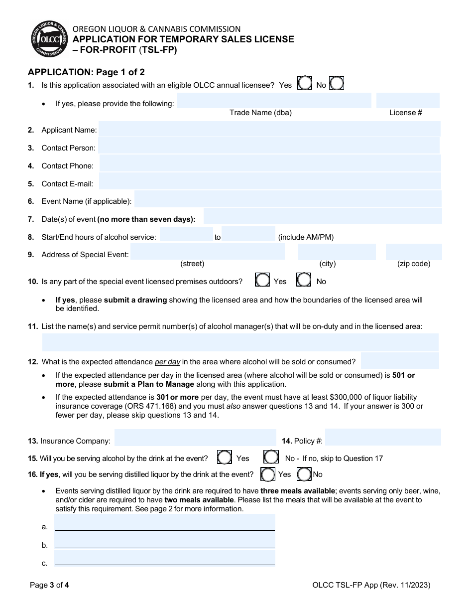 Application for Temporary Sales License - for-Profit (Tsl-Fp) - Oregon, Page 3