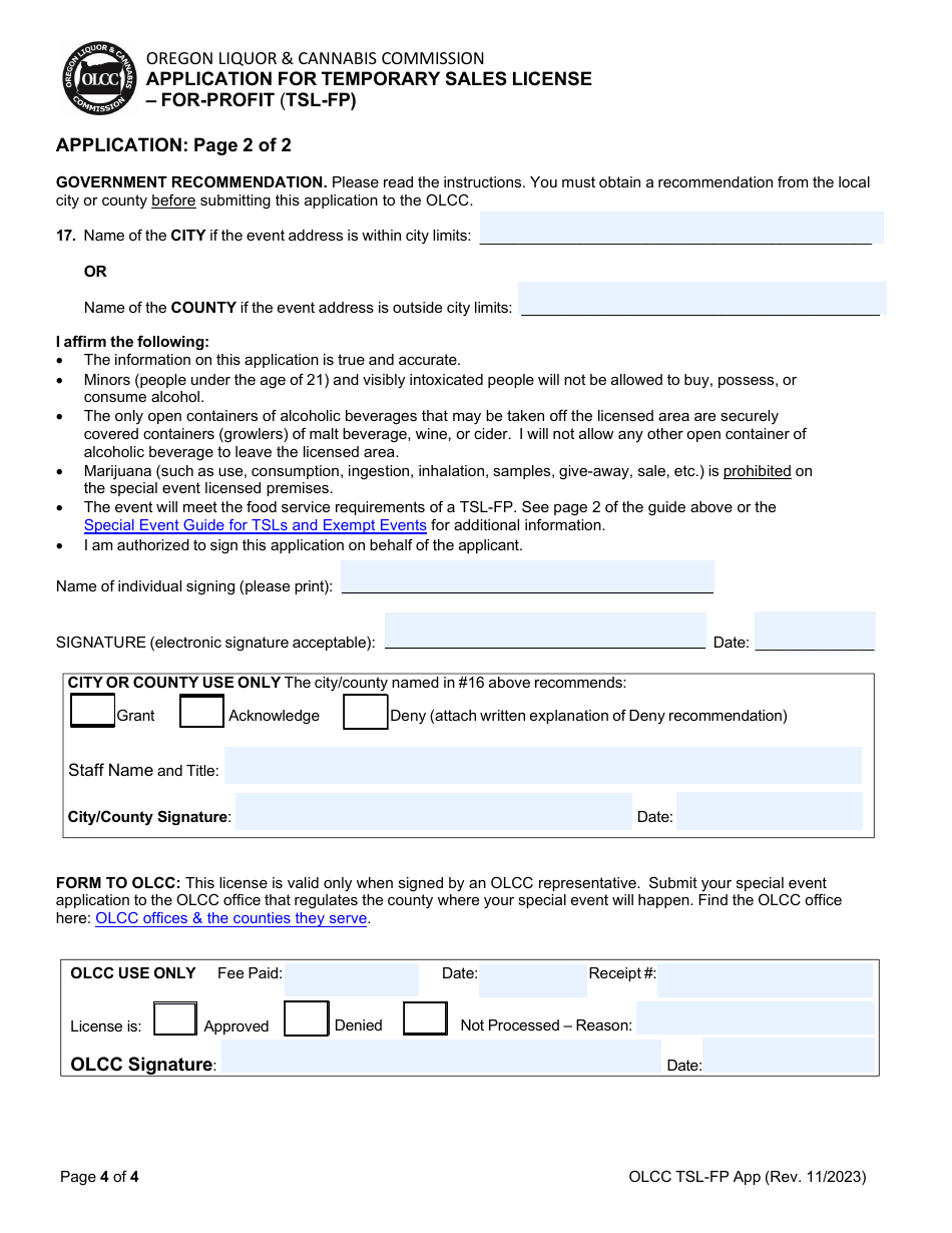 Application for Temporary Sales License - for-Profit (Tsl-Fp) - Oregon, Page 4