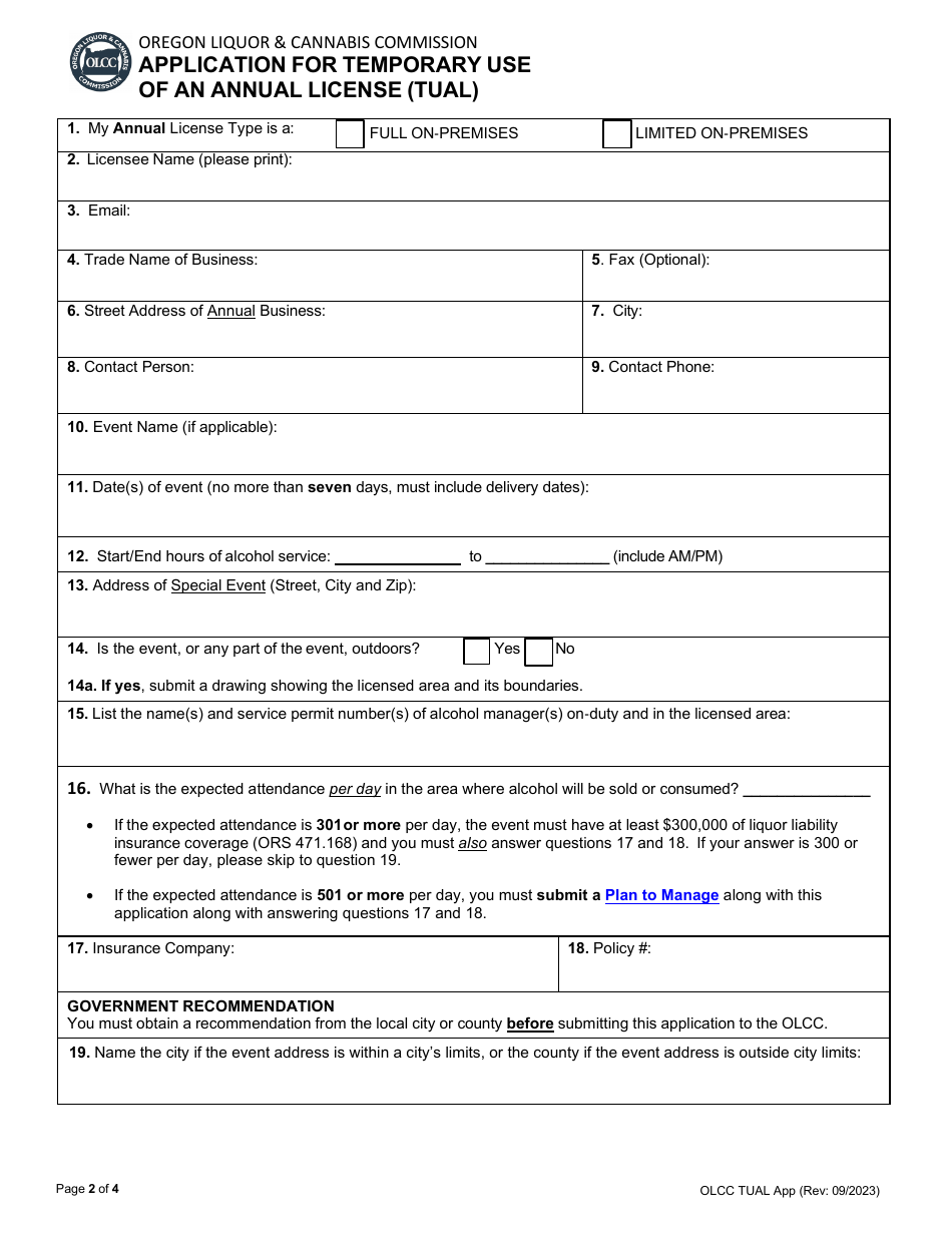 Application for Temporary Use of an Annual License (Tual) - Oregon, Page 2