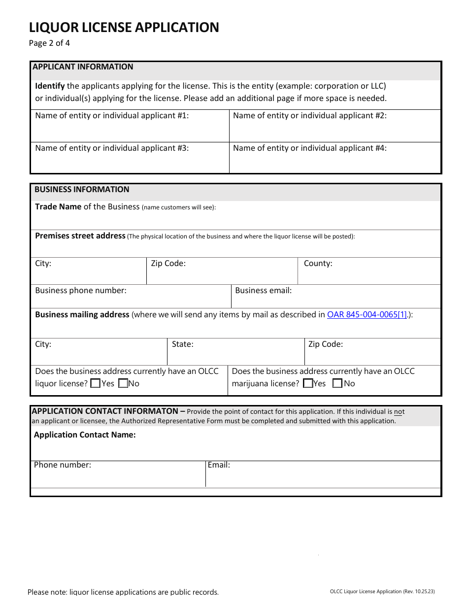 Liquor License Application - Oregon, Page 3