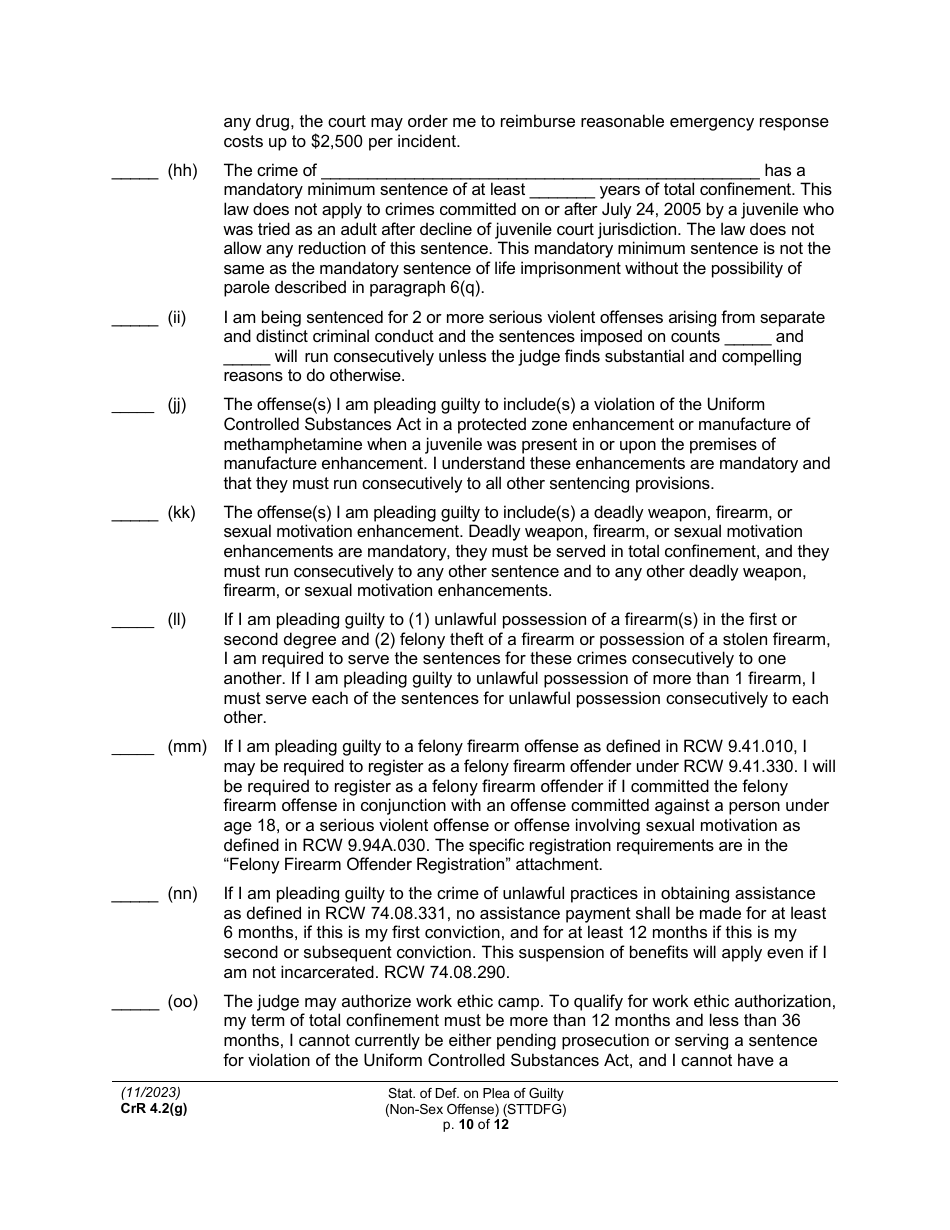 Form CRR4.2(G) NON-SEX OFFENSE Statement of Defendant on Plea of Guilty to Non-sex Offense (Felony) (Sttdfg) - Washington, Page 10