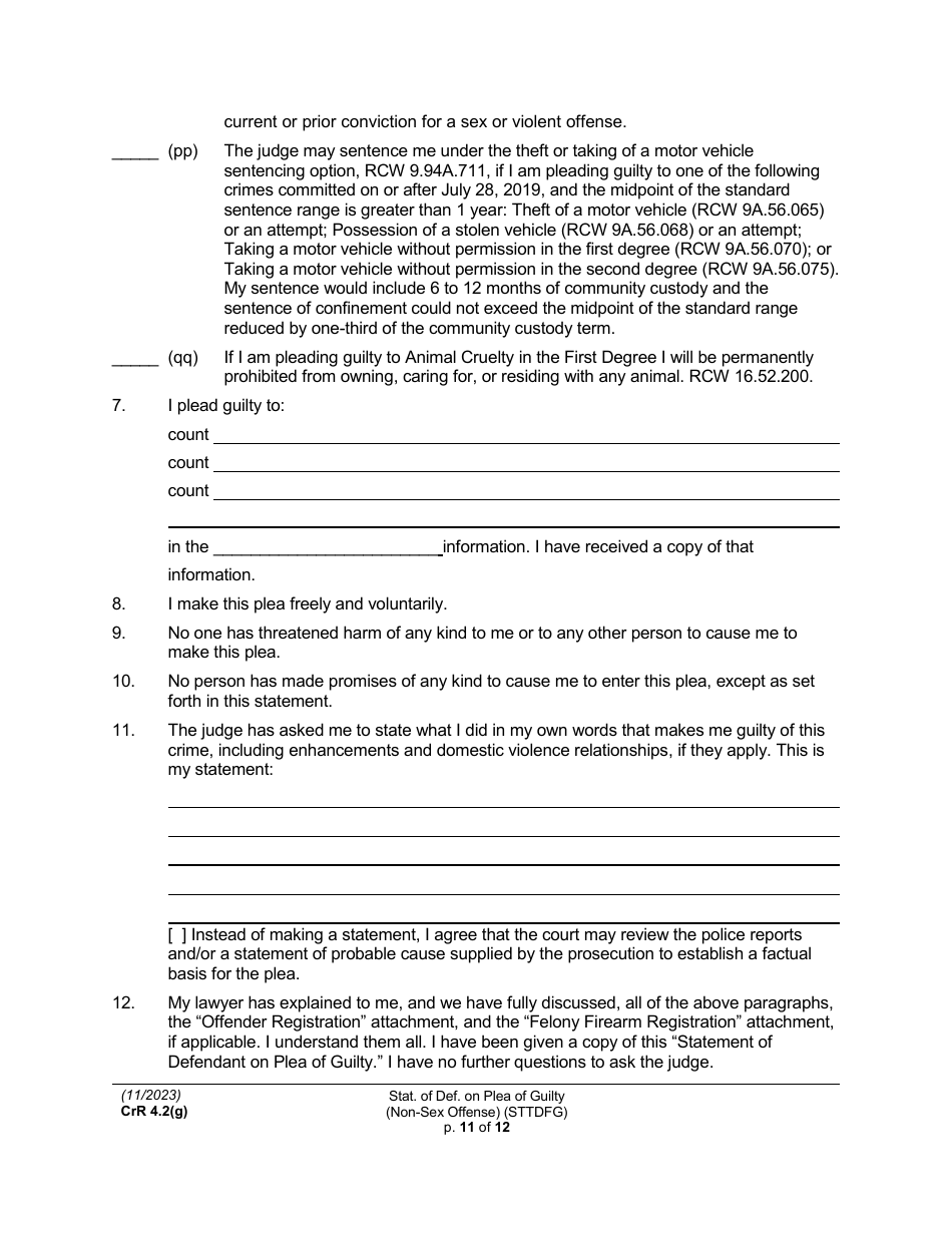 Form CRR4.2(G) NON-SEX OFFENSE Statement of Defendant on Plea of Guilty to Non-sex Offense (Felony) (Sttdfg) - Washington, Page 11
