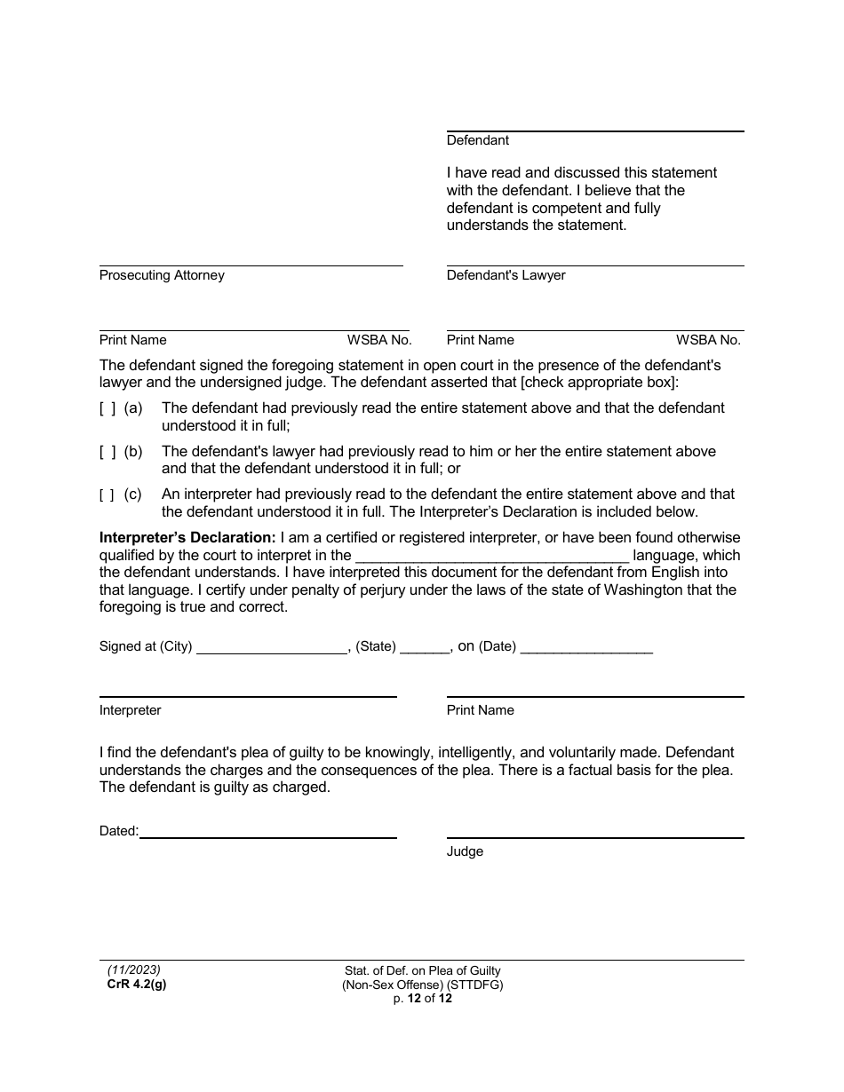 Form CRR4.2(G) NON-SEX OFFENSE Statement of Defendant on Plea of Guilty to Non-sex Offense (Felony) (Sttdfg) - Washington, Page 12