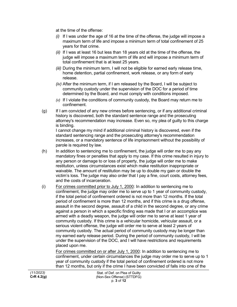 Form CRR4.2(G) NON-SEX OFFENSE Statement of Defendant on Plea of Guilty to Non-sex Offense (Felony) (Sttdfg) - Washington, Page 3