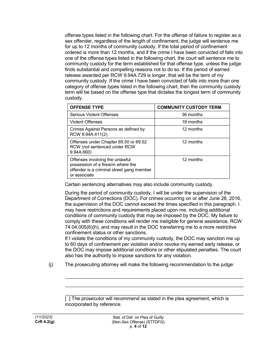 Form CRR4.2(G) NON-SEX OFFENSE Statement of Defendant on Plea of Guilty to Non-sex Offense (Felony) (Sttdfg) - Washington, Page 4