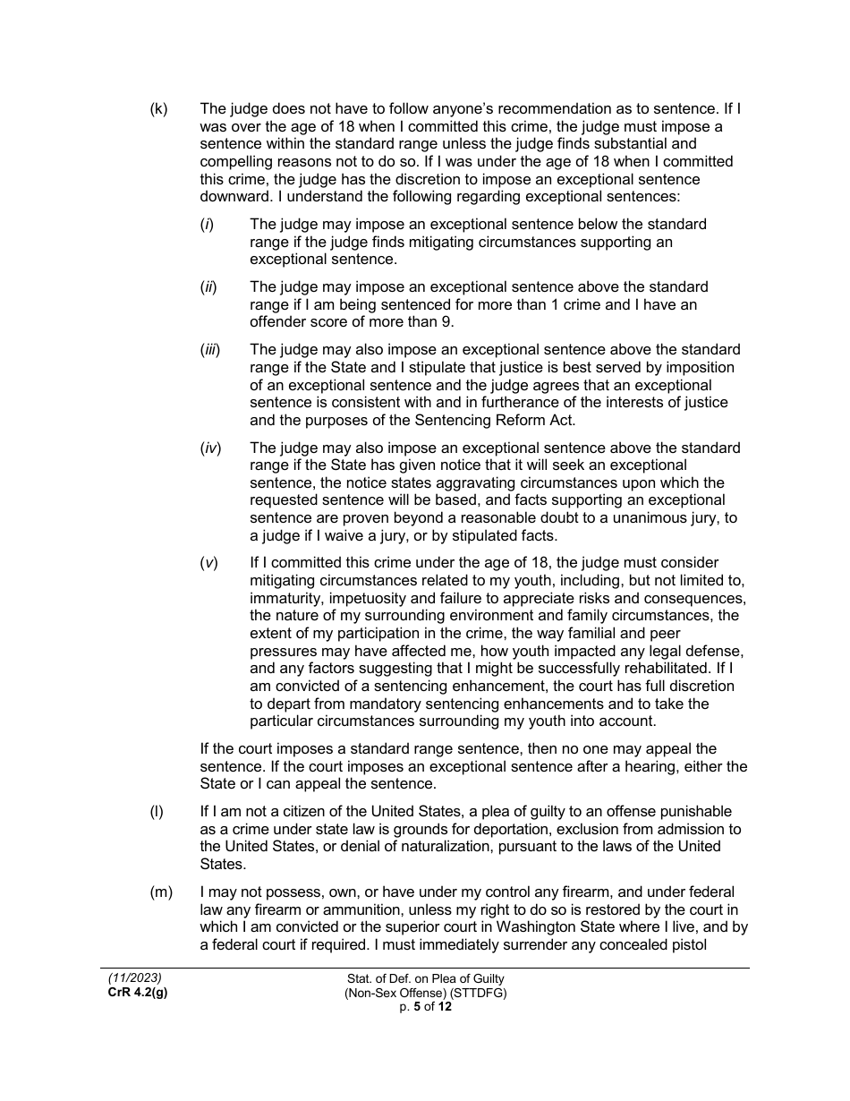 Form CRR4.2(G) NON-SEX OFFENSE Statement of Defendant on Plea of Guilty to Non-sex Offense (Felony) (Sttdfg) - Washington, Page 5