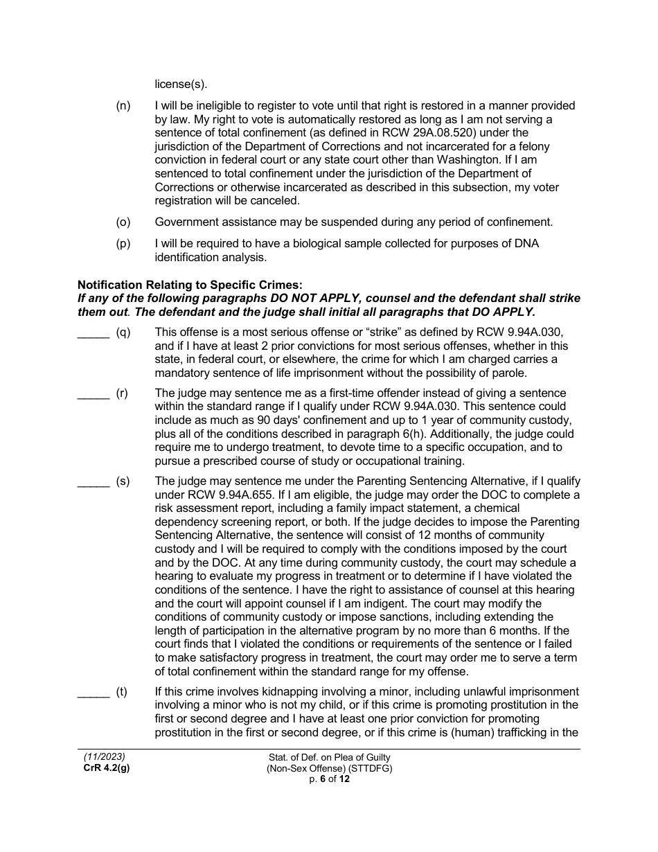 Form CRR4.2(G) NON-SEX OFFENSE Statement of Defendant on Plea of Guilty to Non-sex Offense (Felony) (Sttdfg) - Washington, Page 6