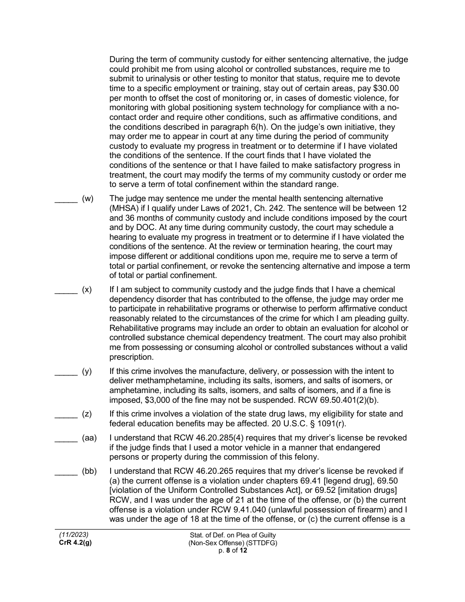 Form CRR4.2(G) NON-SEX OFFENSE Statement of Defendant on Plea of Guilty to Non-sex Offense (Felony) (Sttdfg) - Washington, Page 8