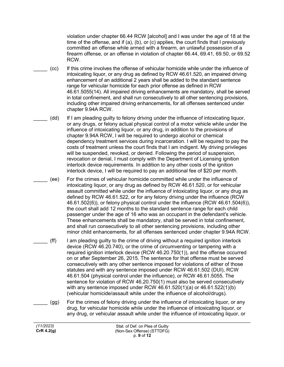 Form CRR4.2(G) NON-SEX OFFENSE Statement of Defendant on Plea of Guilty to Non-sex Offense (Felony) (Sttdfg) - Washington, Page 9
