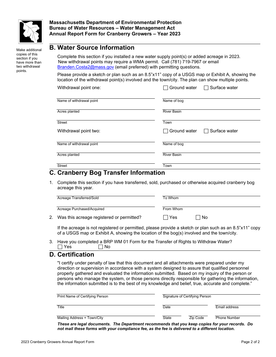 Annual Report Form for Cranberry Growers - Massachusetts, Page 2