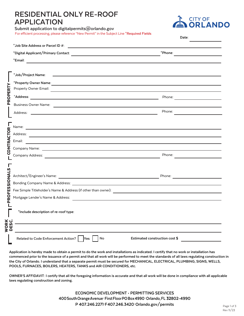 Residential Only Re-roof Application - City of Orlando, Florida, Page 1