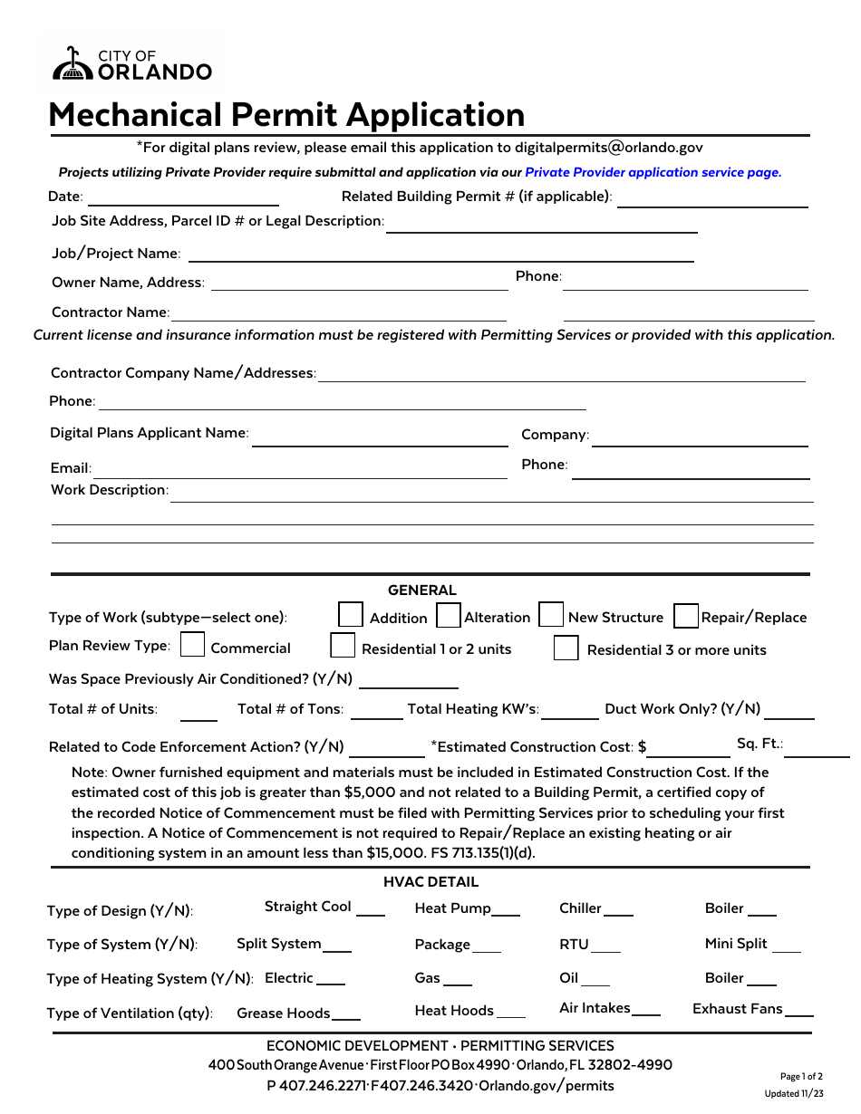 Mechanical Permit Application - City of Orlando, Florida, Page 1