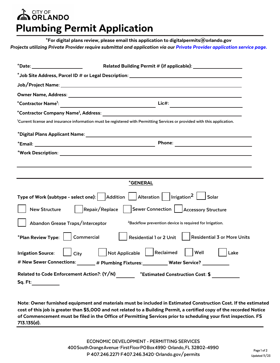 Plumbing Permit Application - City of Orlando, Florida, Page 1