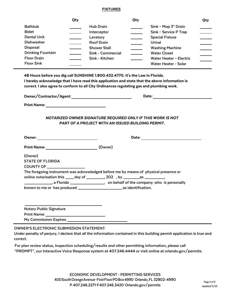 Plumbing Permit Application - City of Orlando, Florida, Page 2