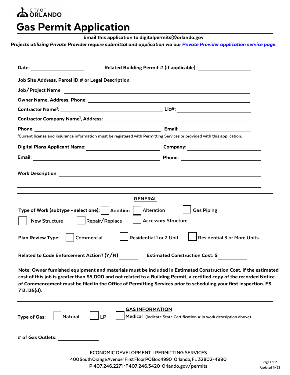 Gas Permit Application - City of Orlando, Florida, Page 1