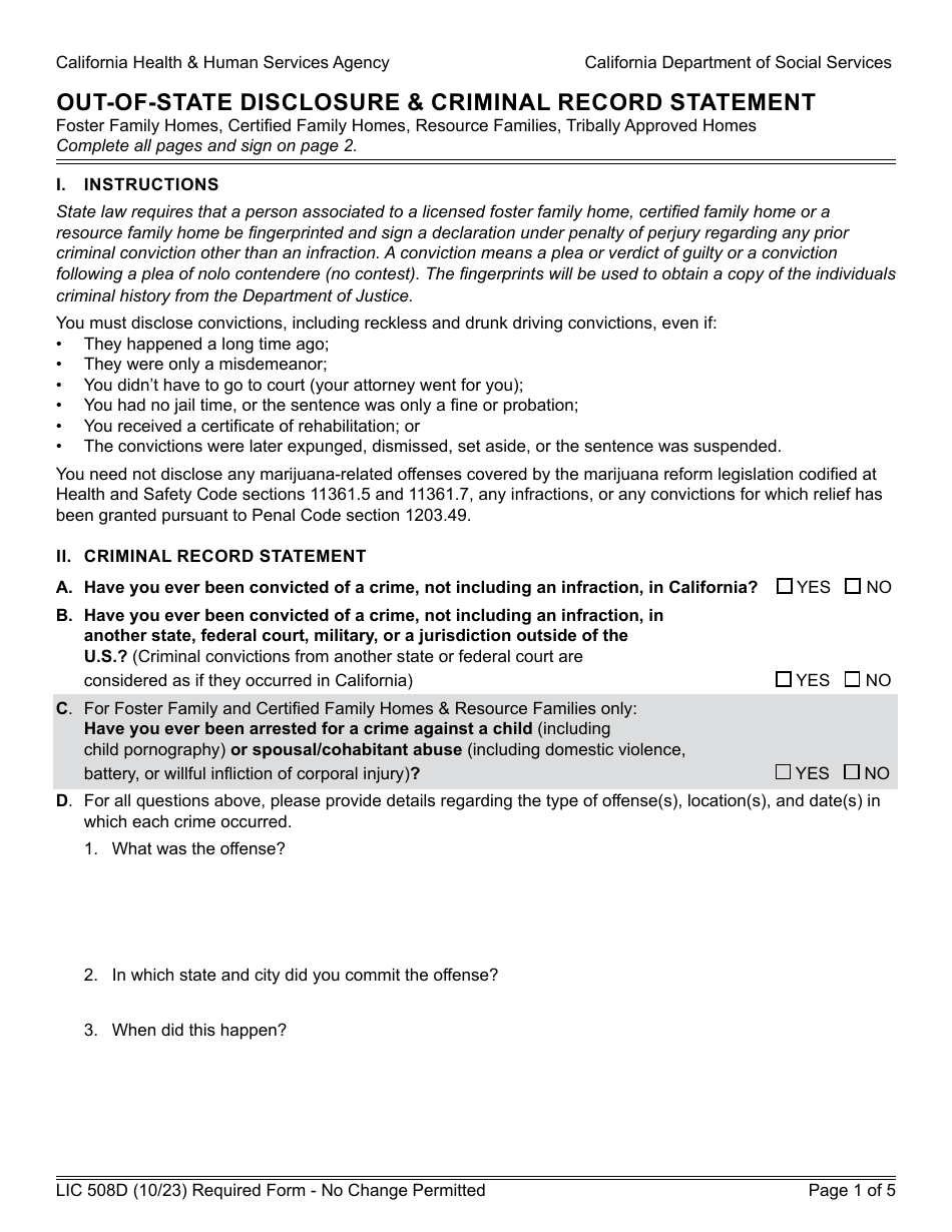 Form LIC508D Out-of-State Disclosure  Criminal Record Statement - California, Page 1