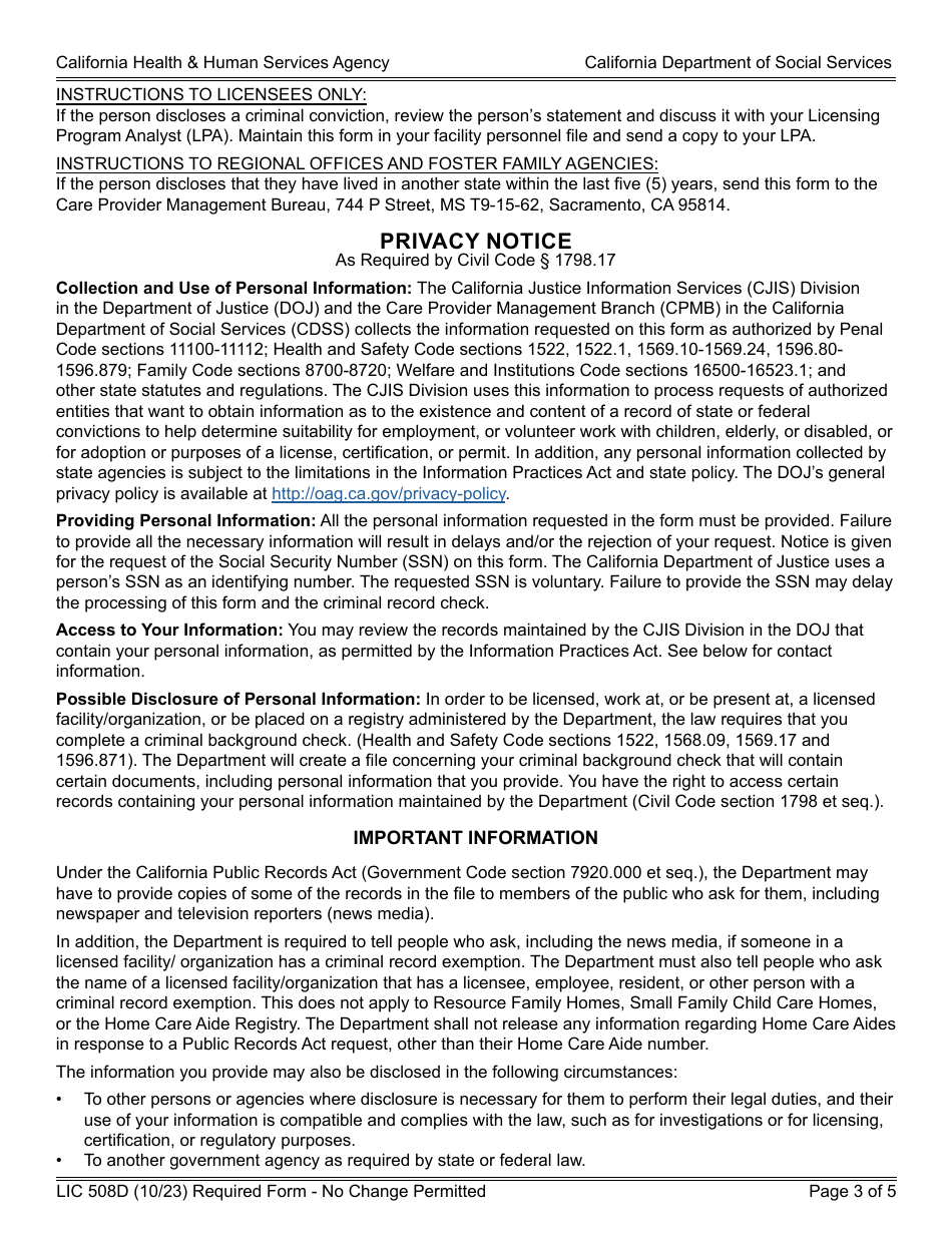 Form LIC508D Out-of-State Disclosure  Criminal Record Statement - California, Page 3