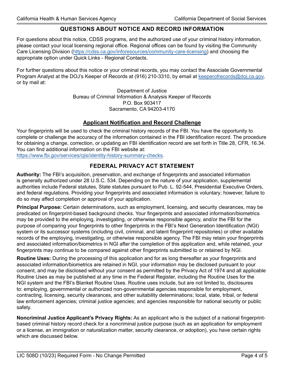 Form LIC508D Out-of-State Disclosure  Criminal Record Statement - California, Page 4