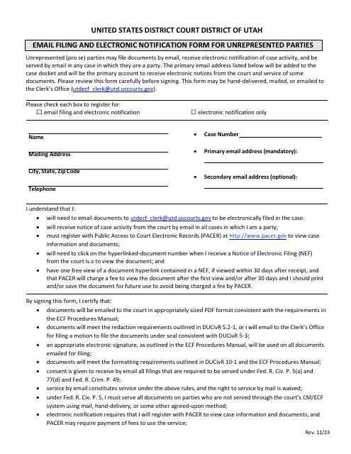 Email Filing and Electronic Notification Form for Unrepresented Parties - Utah