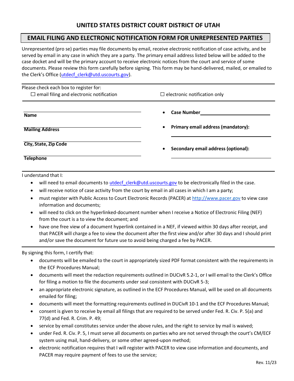 Email Filing and Electronic Notification Form for Unrepresented Parties - Utah, Page 1