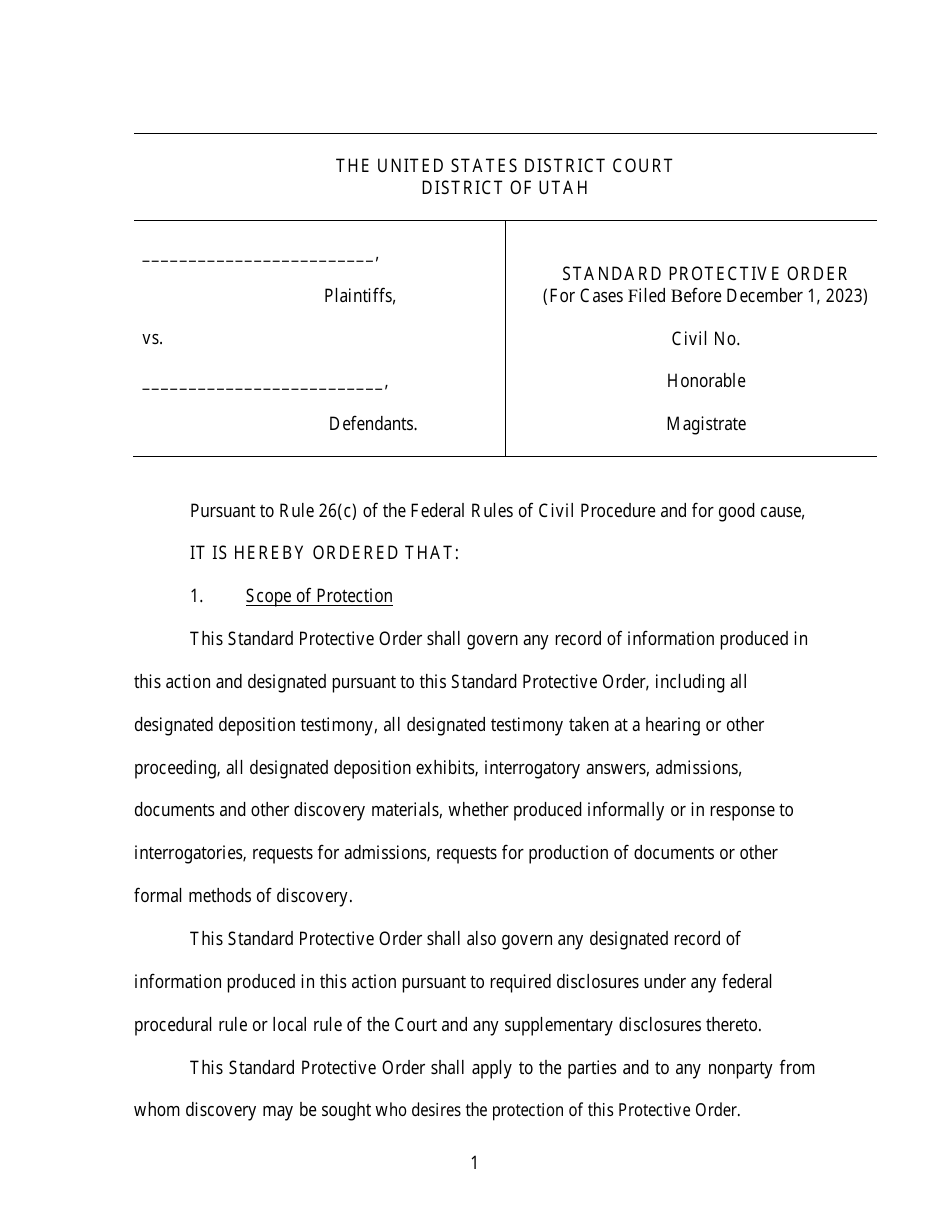 Standard Protective Order (For Cases Filed Before December 1, 2023) - Utah, Page 1