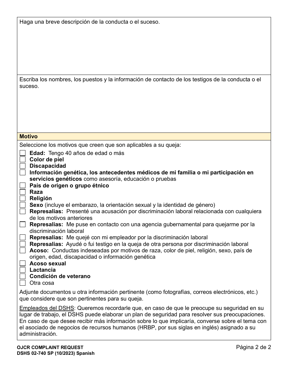 DSHS Formulario 02-740 Solicitud De Queja De La Ojcr - Washington (Spanish), Page 2