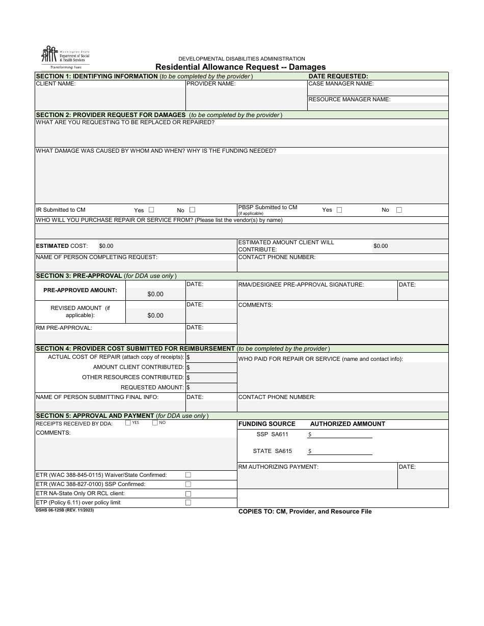DSHS Form 06-125B Residential Allowance Request - Damages - Washington, Page 1