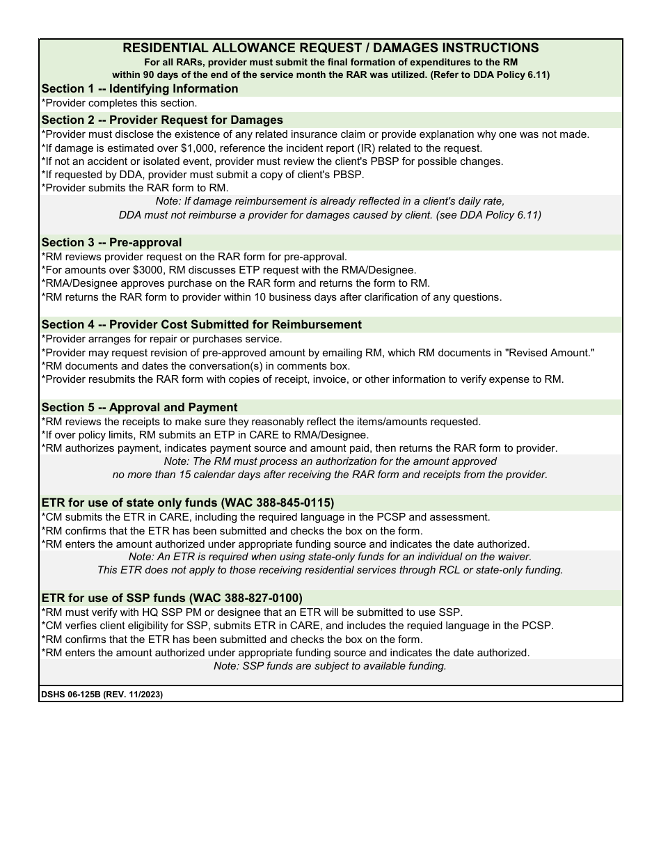 Dshs Form 06 125b Download Printable Pdf Or Fill Online Residential