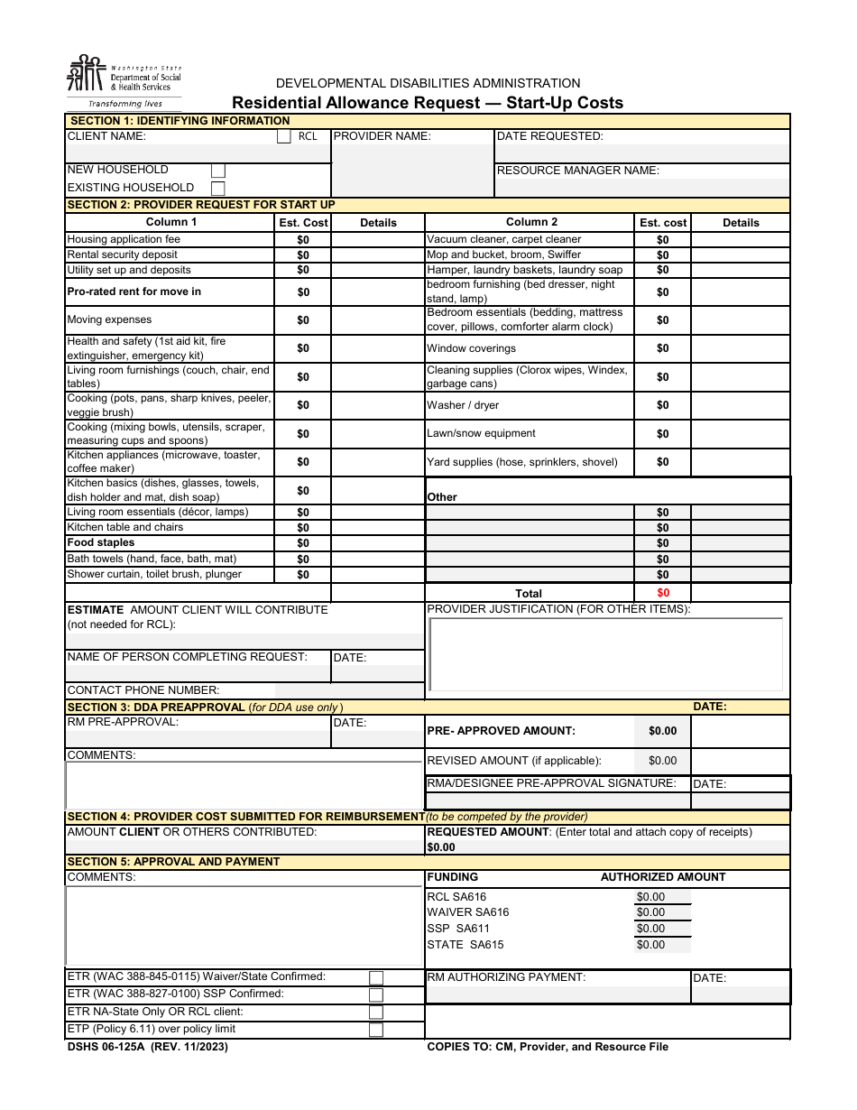 Dshs Form 06 125a Download Printable Pdf Or Fill Online Residential