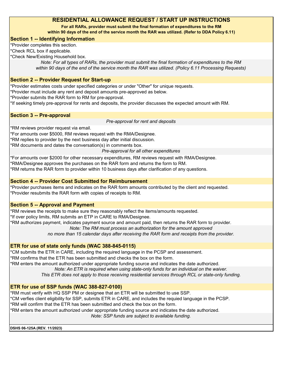 Dshs Form 06 125a Download Printable Pdf Or Fill Online Residential