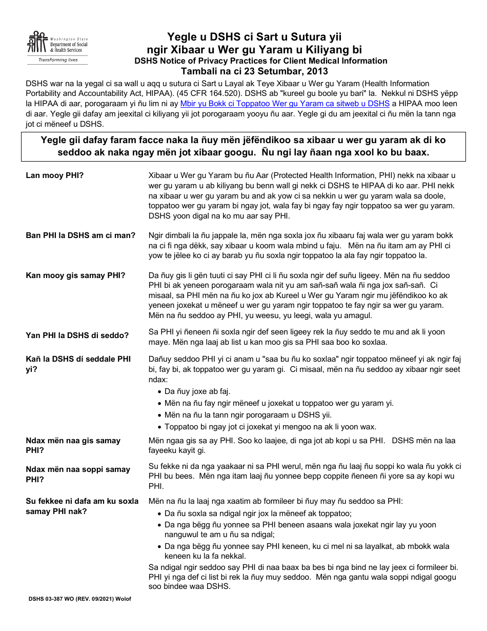 DSHS Form 03-387 Dshs Notice of Privacy Practices for Client Medical Information - Washington (Wolof), Page 1