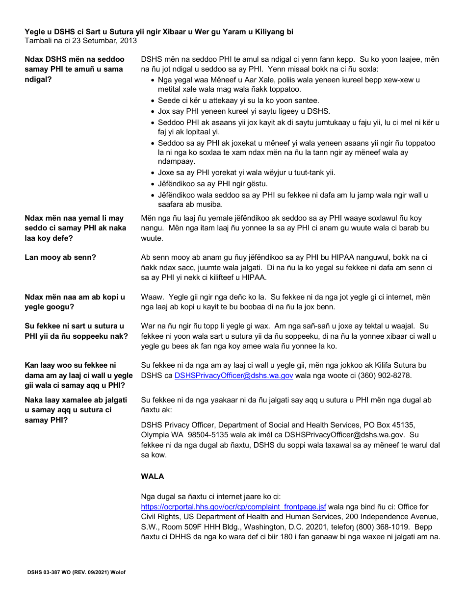 DSHS Form 03-387 Dshs Notice of Privacy Practices for Client Medical Information - Washington (Wolof), Page 2