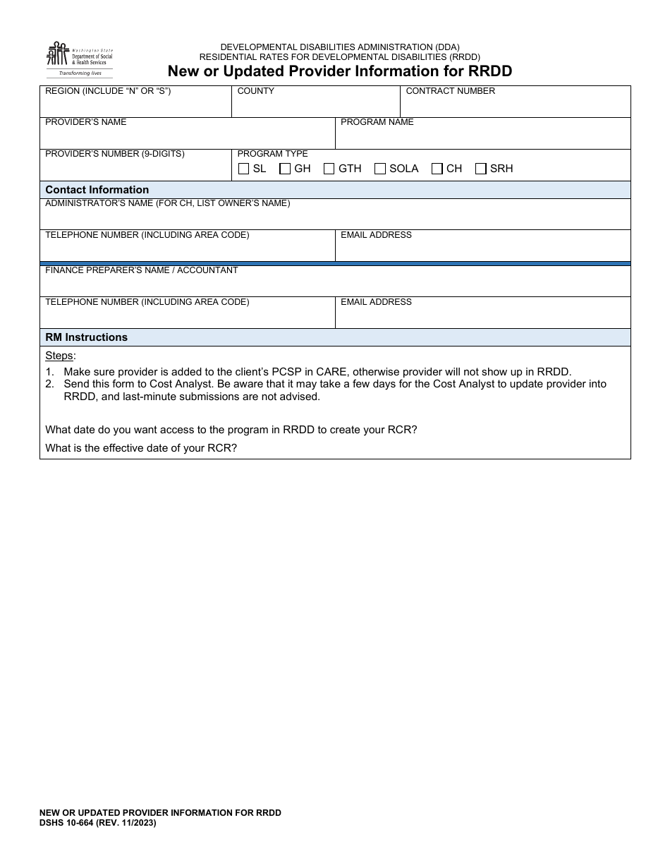 DSHS Form 10-664 New or Updated Provider Information for Rrdd - Washington, Page 1