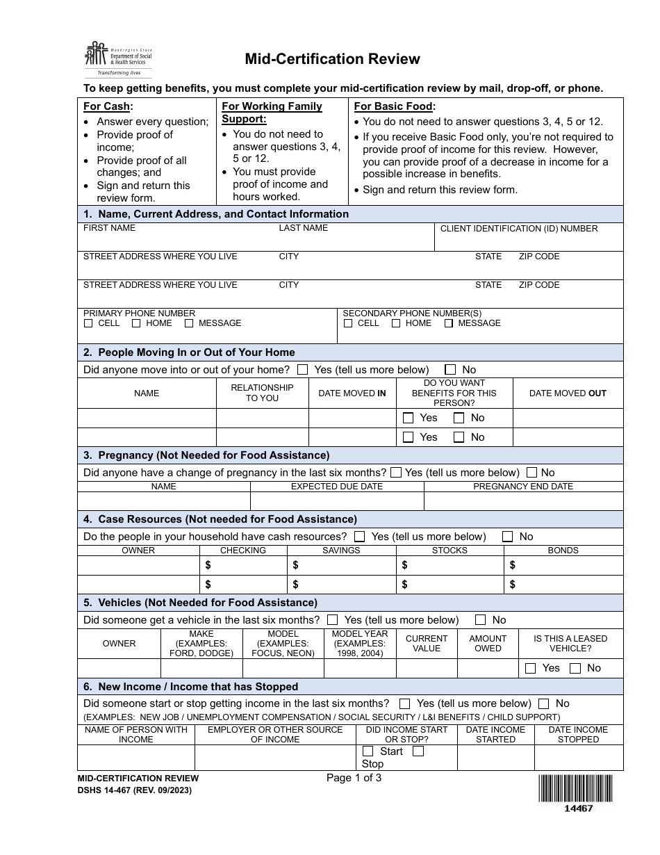 DSHS Form 14-467 Mid-certification Review - Washington, Page 1