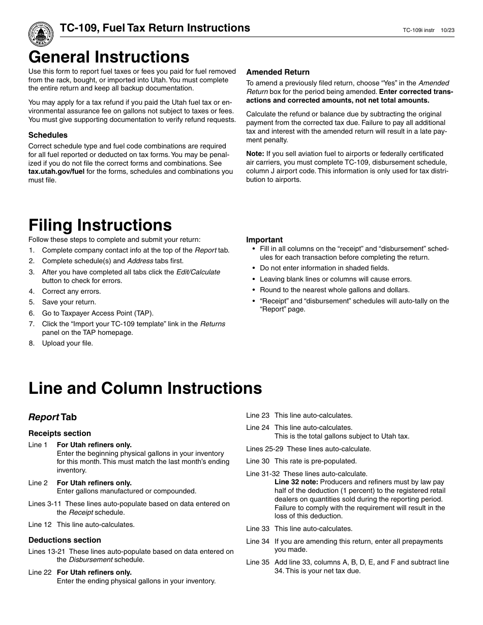 Instructions for Form TC-109 Fuel Tax Return - Utah, Page 1