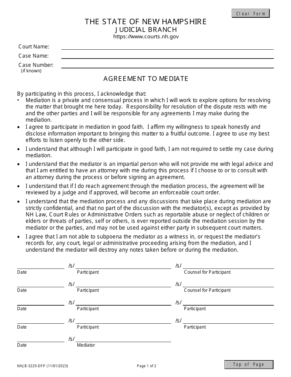 Form NHJB-3229-DFP Agreement to Mediate - New Hampshire, Page 1