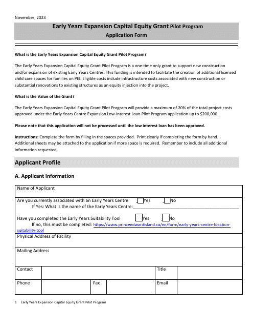 Early Years Expansion Capital Equity Grant Pilot Program Application Form - Prince Edward Island, Canada Download Pdf